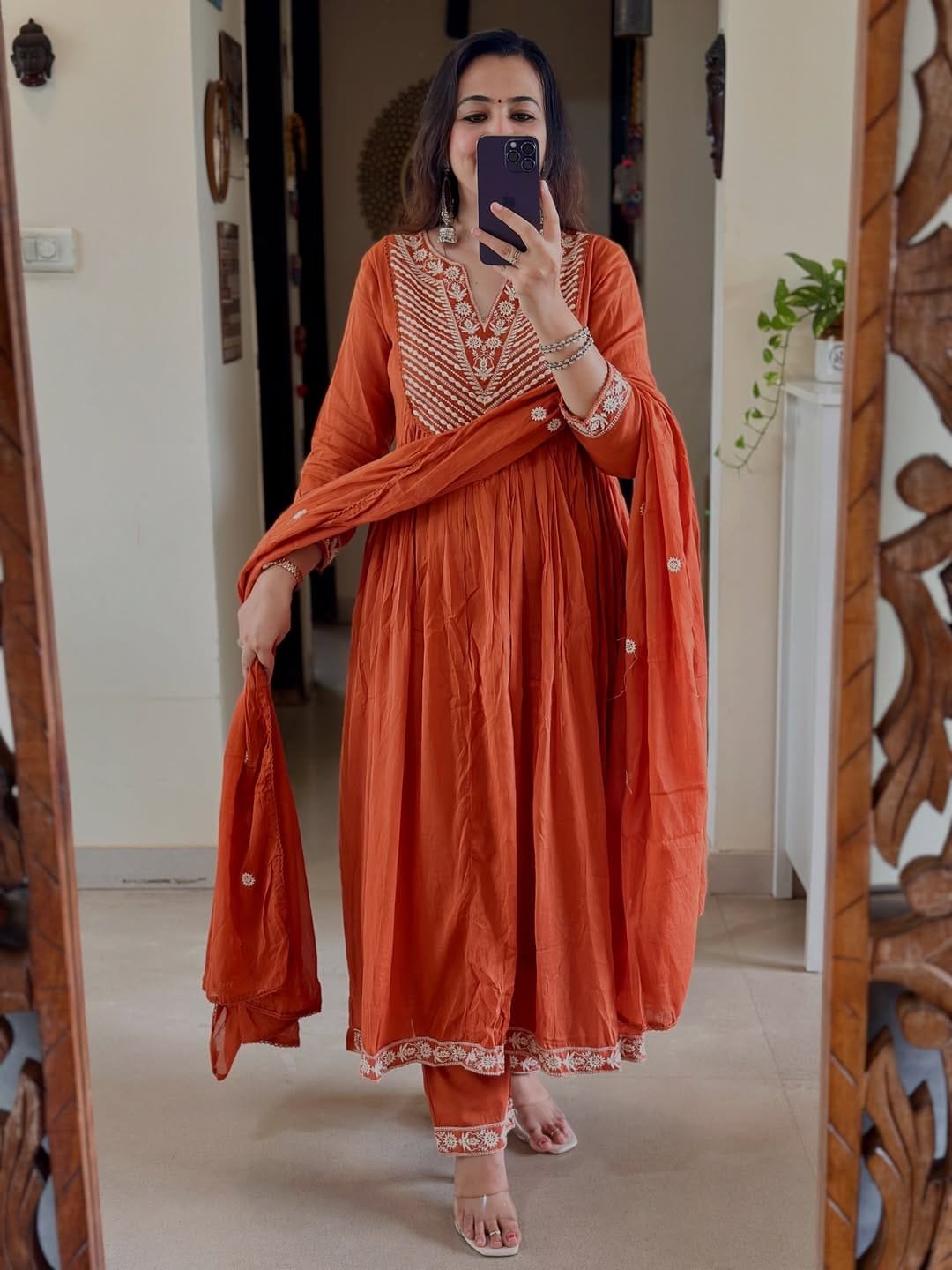 Orange Cotton Suit Set with Embroidered Dupatta
